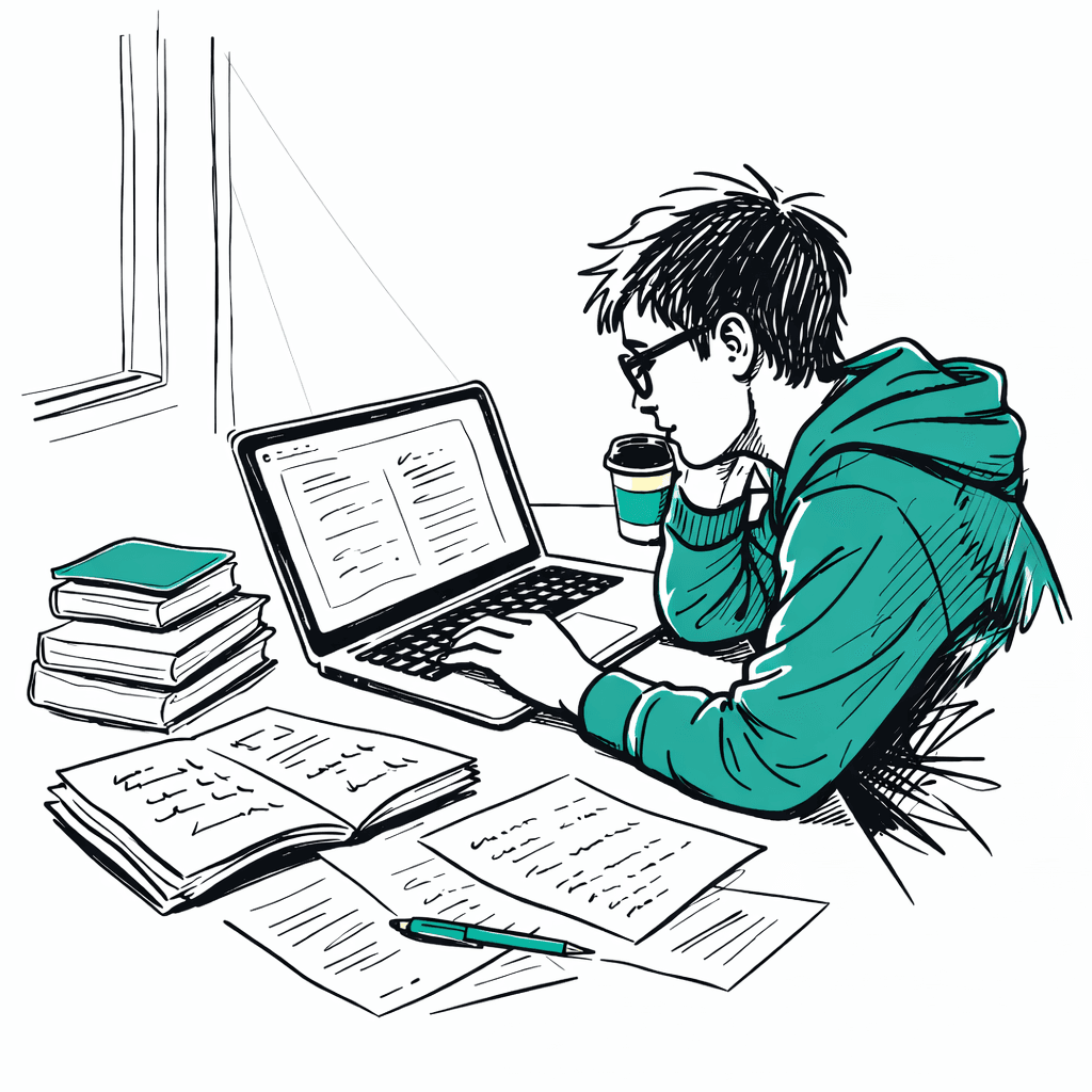 Student studying with laptop, books, and coffee